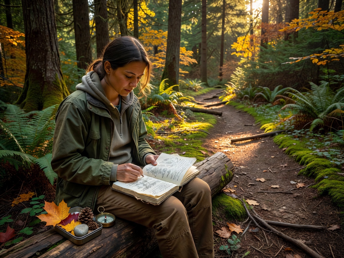 Person studying a field notebook on a natural trail