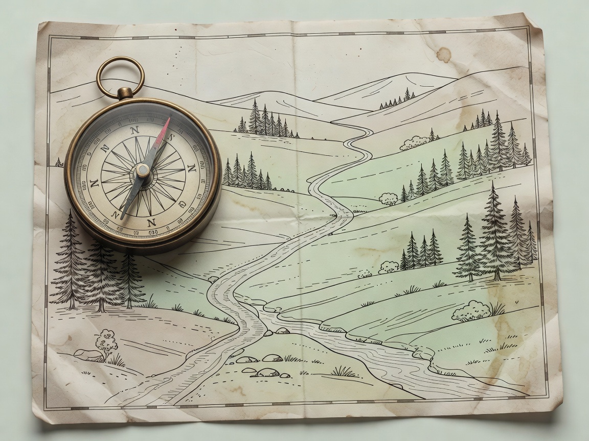 Illustrated compass and trail map showing the start of a journey